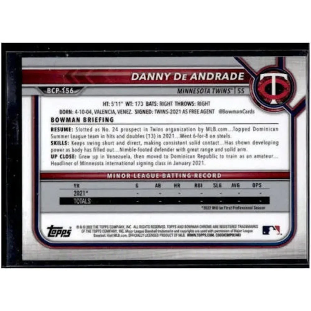 2022 Bowman Chrome Sapphire Baseball BCP-156 Danny De Andrade 1st Bowman